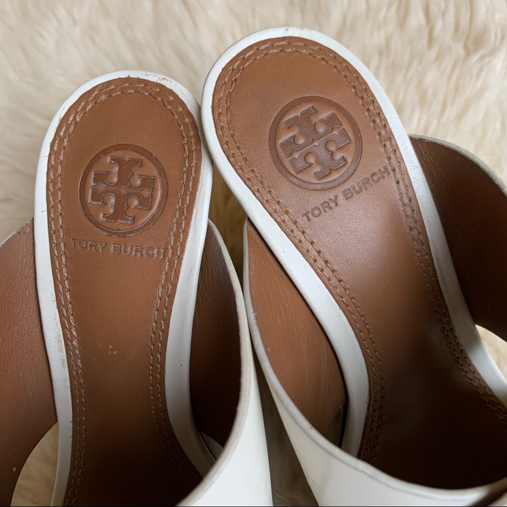 Tory Burch Leather Perspex Wedge Mules Cube Leather Crossover Wedge Sandals - Picture 5 of 16